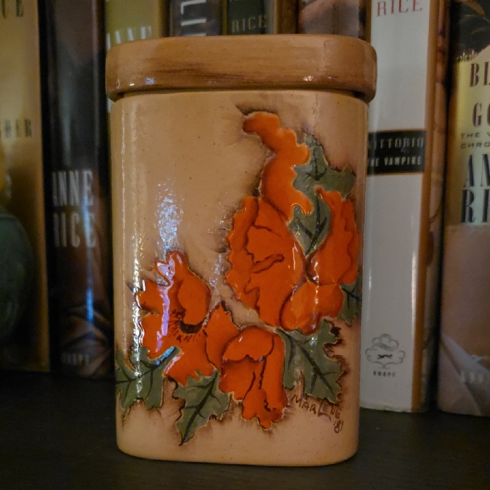 Vintage Handmade Art Pottery Canister With Orange Flowers & Lid